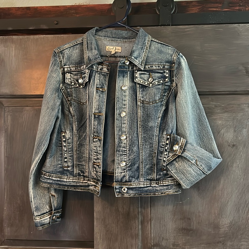 Distressed denim jeans jacket. Jewel embellished. Never worn.
